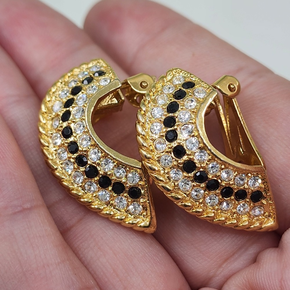 Vintage Gold Tone Black Clear Rhinestone Clip-On Earrings Statement Glam Pair